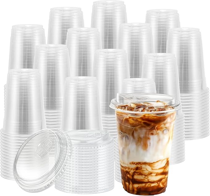 BYSNOW 16 oz 500 Pack Clear Plastic Cups with Lids, Disposable Iced Coffee Drink Cups with Strawless Sip Lids for Parties, Outdoors, Office and Events