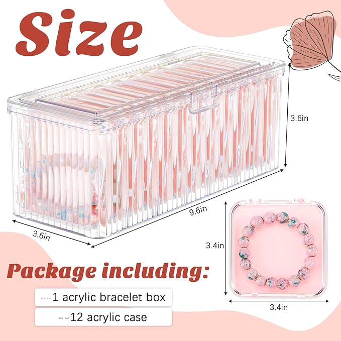 1 Pack Acrylic Bracelet Jewelry Storage Box with 12 Portable Anti Tarnish Organizers for Earrings/ring/necklace (Pink)