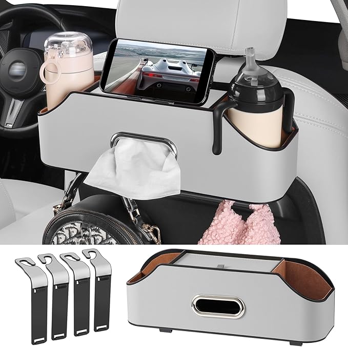Sancaral Car Rear Backseat Extra Multifunctional Drink Cup Holder Organizers with Tissue Storage Box Organizer & Hooks for Car Seat Back (Gray)