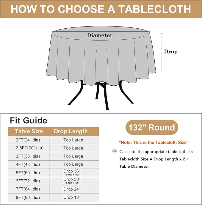 sancua Black Round Tablecloth 132 Inch Diameter, 6 Pack - Circle Polyester Fabric Table Cloth for Wedding Party Reception Banquet Birthday, Washable Formal Table Cover (Fit 54-96 Inch Tables)