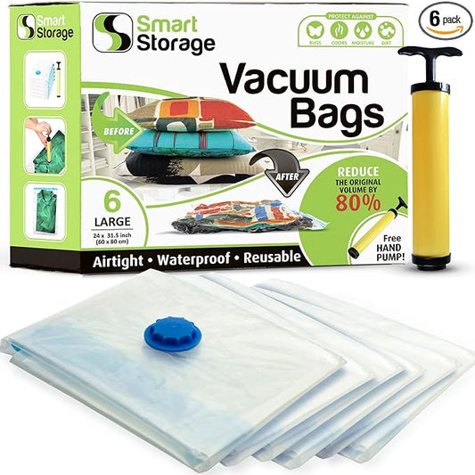 6 PC Large Vacuum Storage Bags | Space Saver Bags Underbed Storage for Clothes, Bedding & Travel Bag Sealer | Vacuum Sealer Bags with Travel Pump | Waterproof Bags Works with Any Vacuum
