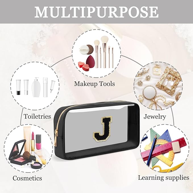 Small Clear Personalized Initial Makeup Bag,Nylon Preppy A-Z Chenille Letter Patch Cosmetic Pouch Beach Toiletry Bag,Waterproof Zipper Travel Purse Storage Bag Organizer for Women Girls(Black-Black J)