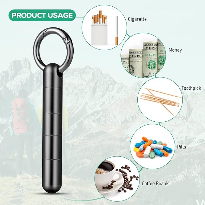 TISUR Keychain Pill Holder, Titanium Pill Case Small Pill Organizer Waterproof Pill Box, EDC Portable Pill Container Metal Tube for Travel Purse Outdoor