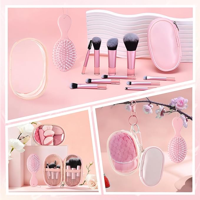 Travel Makeup Brush Set, 77Pcs Mini Makeup Kit Synthetic Foundation Concealers Eye Shadows Brushes Powder Puff with Eyelash Curler Eyebrow Razor Comb Mirror Hair Clips Cosmetic Bag (Pink)
