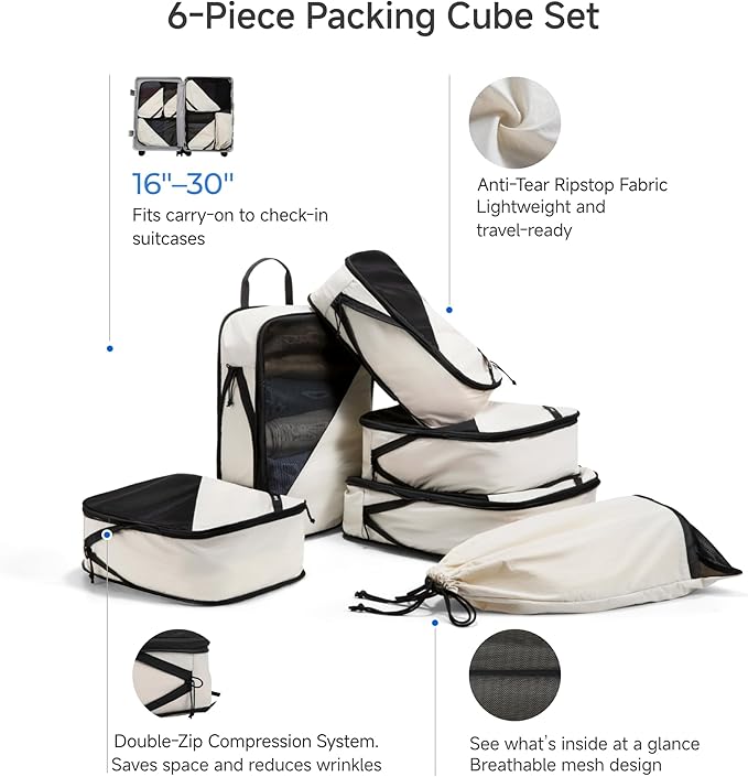 LUGGEX 6 Set Compression Packing Cubes for Travel, POX01 Luggage Organizers Bags, Suitcase Organizer with Shoe Bag Travel Accessories Essentials for Carry on & Checked (POX-En, Beige)