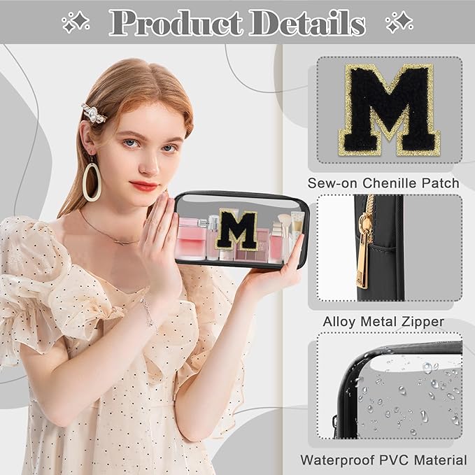 Personalized Initial Letter Clear Makeup Bag, Preppy Small Nylon & PVC Cosmetic Zipper Bag with Chenille Letter, Travel Skincare Toiletry Bag, Monogram Christmas Gift for Teen Girls Women, M