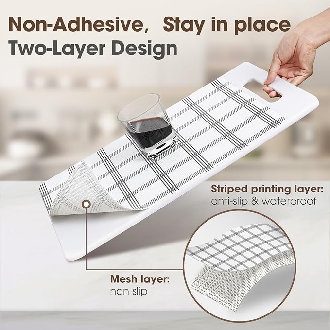 Drawer and Shelf Liner, Non-Slip Kitchen Cabinet Liners Non-Adhesive Thick Strong Grip Waterproof Washable Mats Protect Dresser Shelves Cupboard Bathroom Cabinets, White Stripes, 18IN X 10FT