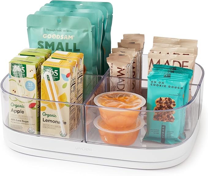 YouCopia MagicTrack Rectangle Lazy Susan Turntable with 4 Clear Storage Bins: Rotating Cabinet Organizer for Kitchen or Bathroom Items, 360° Spin, Non-Slip, White Speckled BPA-Free