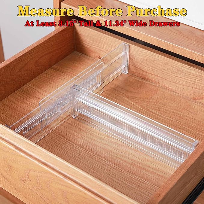 ChefktCove 8 Pack Drawer Dividers for Clothes, 3.15" High 11.34"-19.69" Adjustable Expandable Dresser Drawer Organizer, Clear Plastic Separators for Dresser, Baby Clothing, Underwea