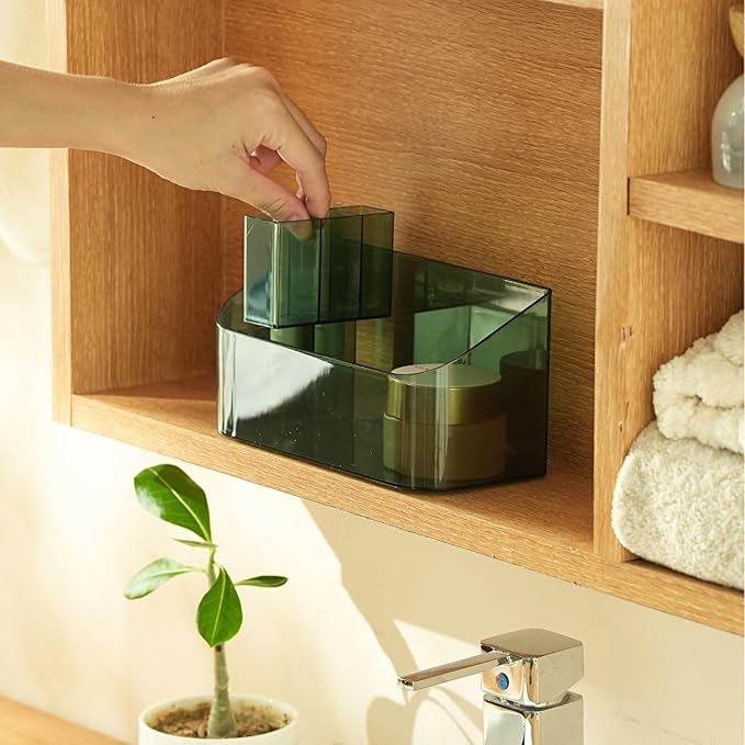 SUNFICON Makeup Tray Holder Organizer Cosmetic Display Case Tabletop Desktop Vanity Countertop Bathroom Wall Cabinet Medicine Storage Box 9 Dividers 2 Removable for Womens Ladies Girls Crystal Green