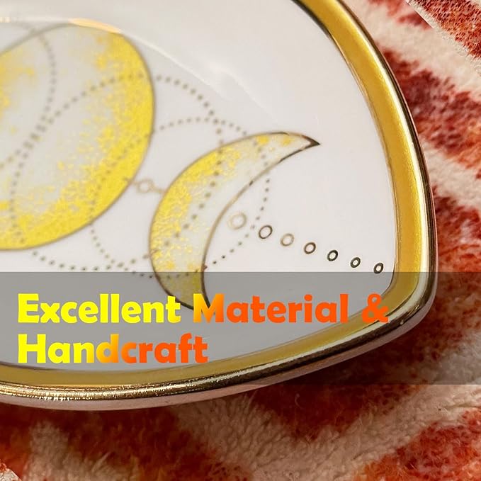 Exquisite Small Ceramic Jewelry Tray - Trinket Dish Evil Eye Decor, Gold Plate Ring Holder, Modern Boho Home Essentials, Perfume Organizer, Witchy, Aesthetic Room Decor (Moon)