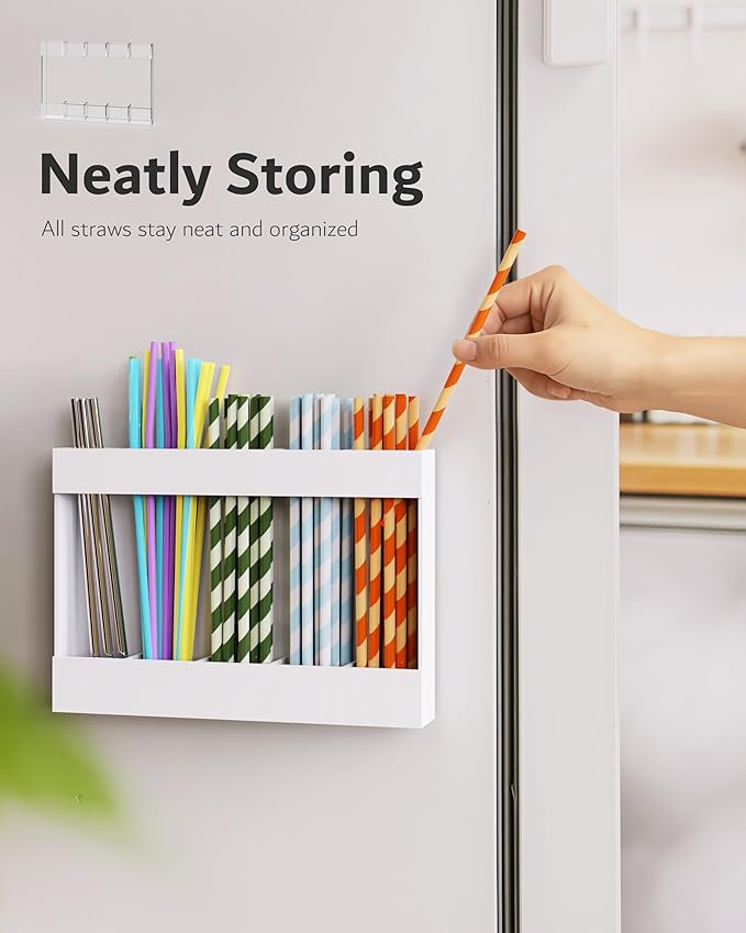 Magnetic Acrylic Straw Holder for Fridge - 5 Slot Sturdy Kitchen Organizer, Adhesive-Free Refrigerator Storage for Metal, Glass, Silicone Straws & Utensils (White-Magnetic Type-5C)