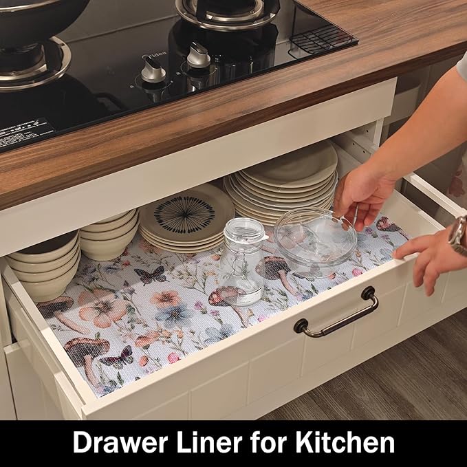 Mushroom Shelf Liners Non Adhesive 12IN x 20FT and Strong Non-Slip Shelf and Drawer Liners for Kitchen Cabinet Wire Fridge, Waterproof Shelf Drawer Liner,Easy to Clean