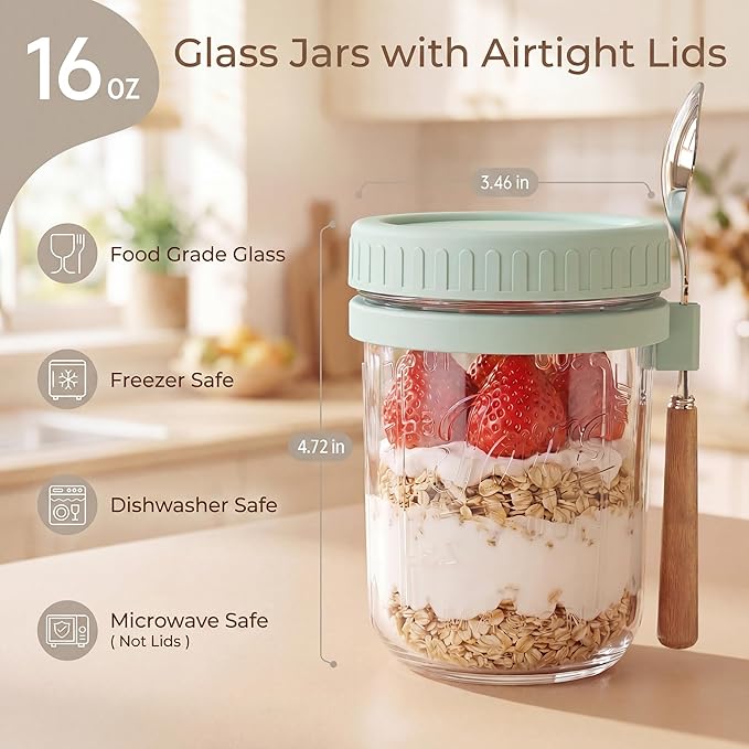 HomArtist 16oz Overnight Oats Containers with Lids and Spoons, 4 Pack Wide Mouth Mason Jars with Airtight Lids, Overnight Oats Jars for Salad, Chia Seed, Cereal, Yogurt