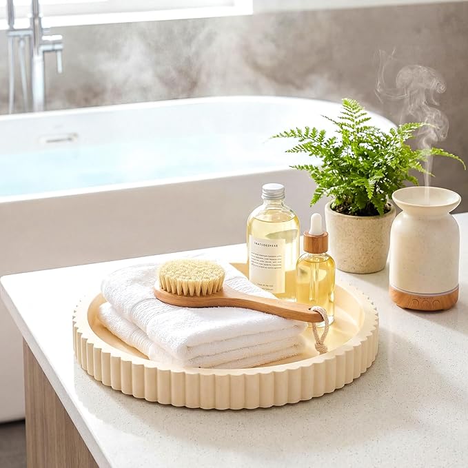 Round Concrete Decorative Tray for Coffee Table Decoration 12" Modern Cream White Table Centerpieces Decorative Ottoman Tray for Serve Home Decoration Accent Bandejas Decorativas Gift