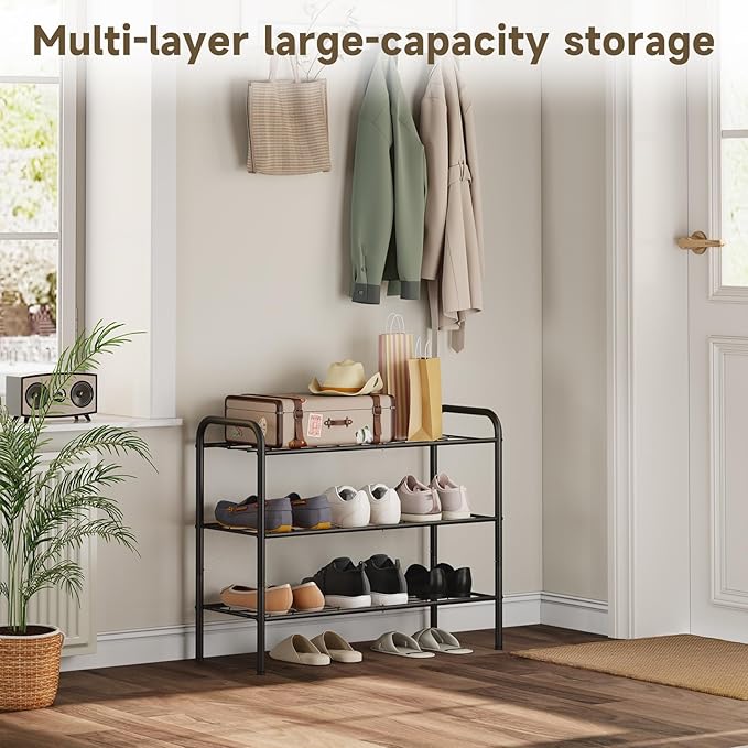 3-Tier Metal Shoe Rack, Free Standing Shoe Storage Rack for Entryway, Closet and Hallway (Black, 3-Tier-Short)