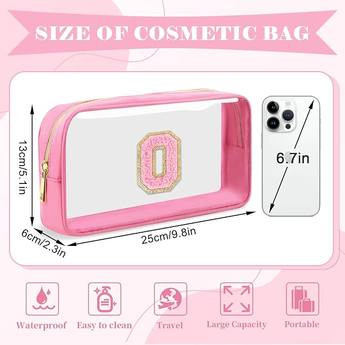 Personalized Initial Letter Clear Makeup Bag, Preppy Small Nylon & PVC Cosmetic Zipper Bag with Chenille Letter, Portable Beach Travel Skincare Toiletry Bag, Trendy Monogram Gift for Teen Girls Women, O