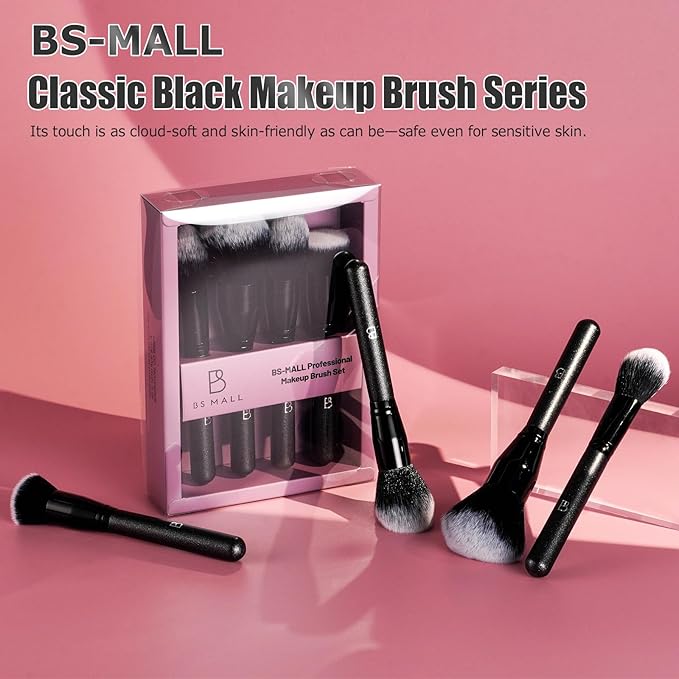 BS-MALL Soft Professional Makeup Brush Set - 4 Pcs Travel-friendly Brushes Including Foundation Brush for Liquid Makeup, Powder Brush & Blush Brush,Daily use (All Black)