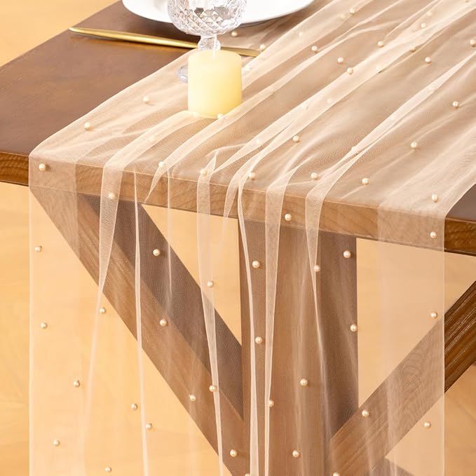 Socomi Pearl Table Runner Tulle Summer Cheesecloth 10FT Gauze Cheese Cloth Sheer Chiffon Wedding Birthday Party Baby Shower Bridal Anniversary Holiday Centerpiece Table Decor 3pcs Peach