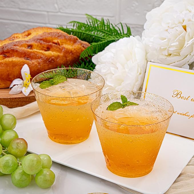 Hioasis 200Pcs 9OZ Gold Glitter Plastic Cups - Gold Plastic Cups, Heavy Duty & BPA-free for Party, Wedding, Celebrations