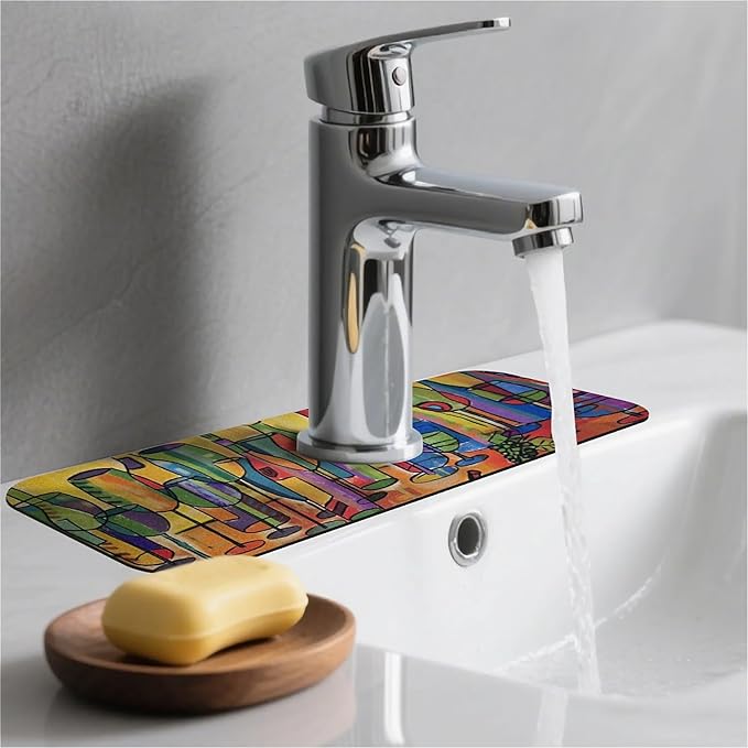 Kitchen Sink Splash Guard, Colored glass bottles Faucet Mat Sink Gadgets - Super Absorbent Fast Drying Mat Drip Catcher for Kitchen, Bathroom, Sink Mat, Dish Drying Mat, Bathroom (15" X 5.5")