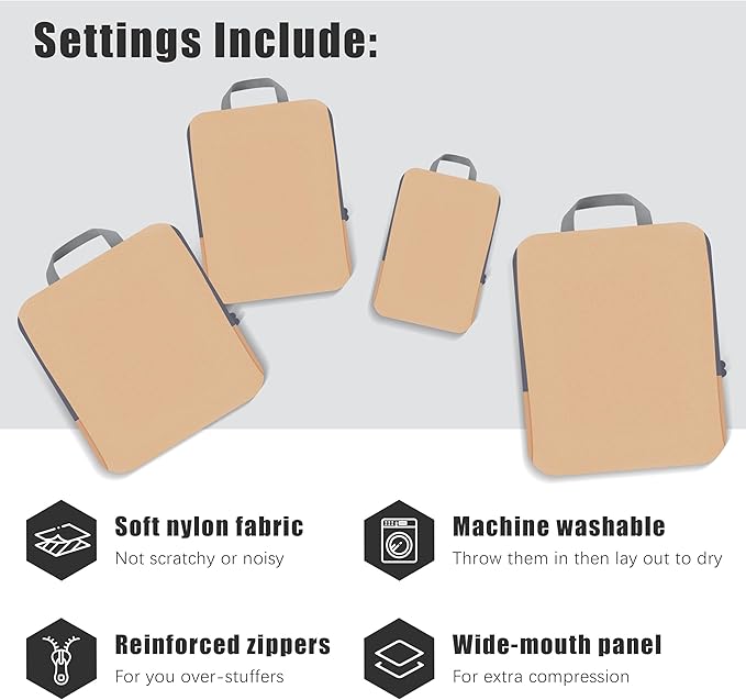 4 Set Compression Packing Cubes Travel - Travel Accessories Expandable Packing Organizers for Carry On - Essentials Luggage Bags - Brown