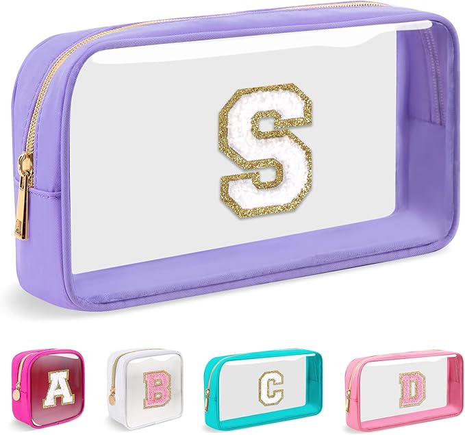 Small Clear Personalized Initial Makeup Bag,Nylon Preppy A-Z Chenille Letter Patch Cosmetic Pouch Beach Toiletry Bag,Waterproof Zip Travel Purse Storage Bag Organizer for Women Girls(Purple-White S)