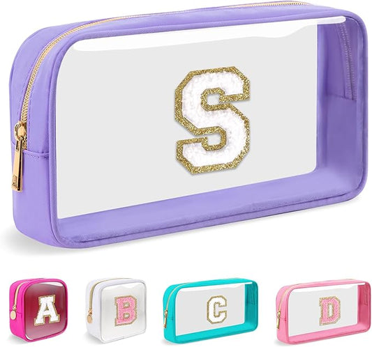 Small Clear Personalized Initial Makeup Bag,Nylon Preppy A-Z Chenille Letter Patch Cosmetic Pouch Beach Toiletry Bag,Waterproof Zip Travel Purse Storage Bag Organizer for Women Girls(Purple-White S)