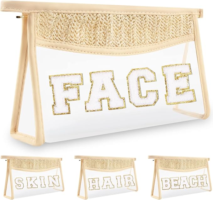 Boho Clear Makeup Letter Patch Makeup Bag FACE Pouch, Clear Toiletry Bag Travel Small Cute Preppy Chenille Letter Cosmetic Zipper Pouch Purse, Transparent Waterproof Makeup Clutch Bag for Women(FACE)