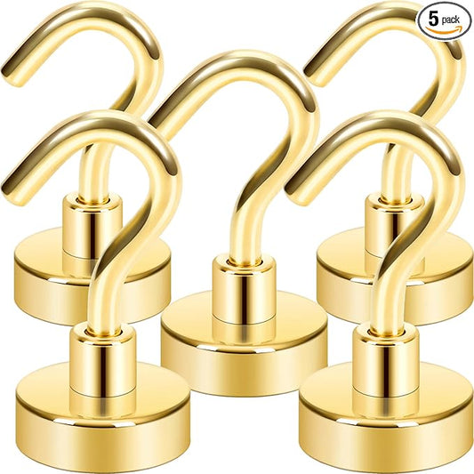 Neosmuk Magnetic Hooks, Cruise Ship Essentials, 30lb+ Heavy Duty Magnetic Hooks for Cruise Cabins, Refrigerator, Grill, Hanging, and Travel | Extra Strong Must-Haves Magnet Hook,Gold,5 Pack