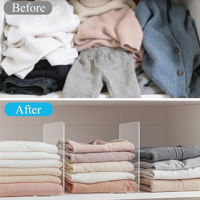 Shelf Dividers for Closet Organization: 12" Tall x 10" Deep Acrylic Closet Shelf Dividers for Clothes Sweater Purse - Free Standing Clear Separators for Shelves