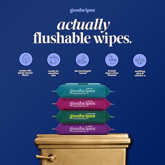 goodwipes Flushable Wipes - Cedar Wet Wipes for Adults, Sewer & Septic Safe, Guest Bathroom Essentials for Women & Men, pH Balanced & Extra Large, 153 Count (3 Packs and 3 Singles)