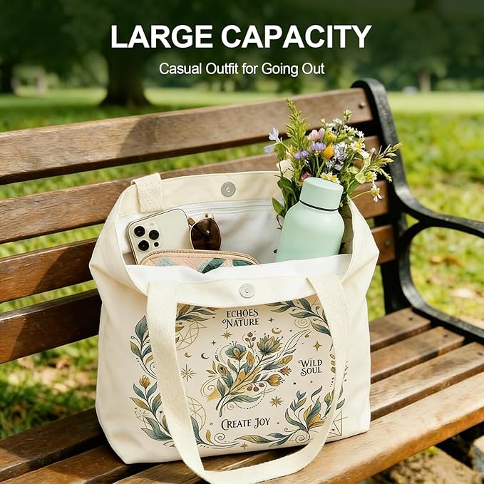 MOLOVA】Printed Canvas Tote Bag for Women - Inner Zipper Pocket & Magnetic Closure, Versatile Hand Shoulder Carry, 15x16 Inch Large Capacity for Work Travel Shopping, Leaves