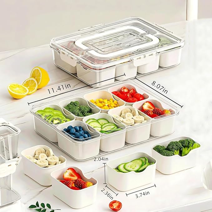 Divided Snackle Box Container-8 Compartment Snack Tray with Lid & Handle,BPA Free Stackable Snack Organizer for Fruits,Veggies,Candy,Reusable Airtight Food Storage for Fridge, Travel, Picnic, Party