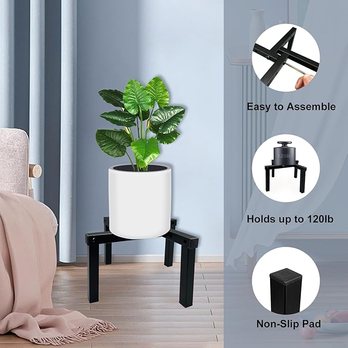 4 Pcs Four Legs Adjustable Metal Plant Stand for 5"-10" Plant Pot – Indoor & Outdoor (Black, 4 Pack)