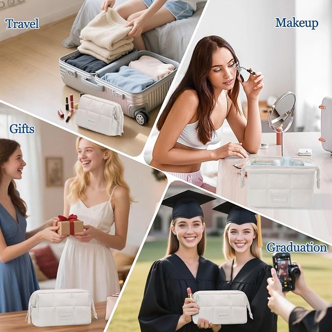 Makeup Bag Travel Toiletry Bag - Cute Make Up Bag, Waterproof Cosmetic Bag with Multiple Compartments, Wide-open Makeup Pouch for Cosmetics, Toiletries, and Travel Essentials, Beige