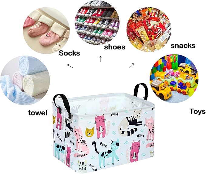 Rectangle Gift Storage Basket Home Shelf Storage Basket Organizer Box Clothes Laundry Hamper Nursery Basket Laundry Basket with Handles (Cat)