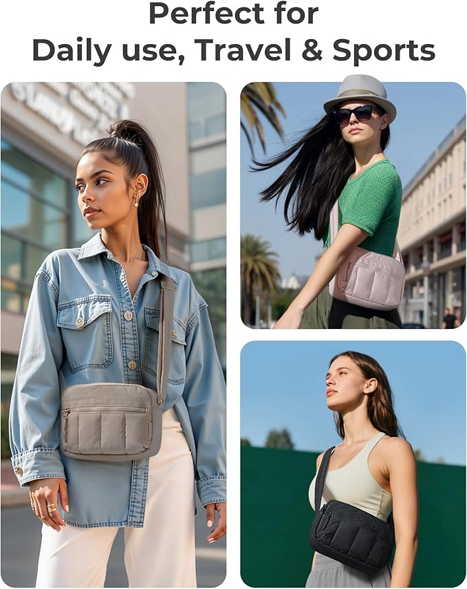 BAGSMART Cross Body Purse, Mini Crossbody Bags for Women Travel Purse, Puffy Shoulder Handbag Wallet with RFID Blocking Slots, Light Gray-small