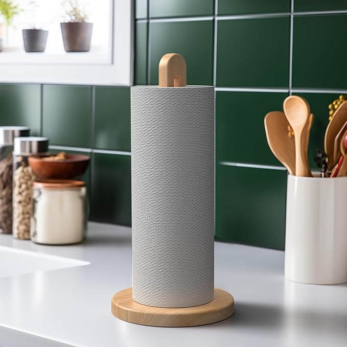 KitchLife Wooden Paper Towel Holder Countertop, Fits Jumbo Roll - Solid Beechwood Paper Towel Dispenser Stand with Anti-Skid Base, 1 Pack