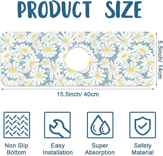 White Flower Sink Splash Guard Cute Chamomile Faucet Absorbing Mat Fast Drying Mat Sink Gadgets Splash Guard Behind Faucet Drip Catcher for Kitchen Bathroom, 15.5"x5.5"