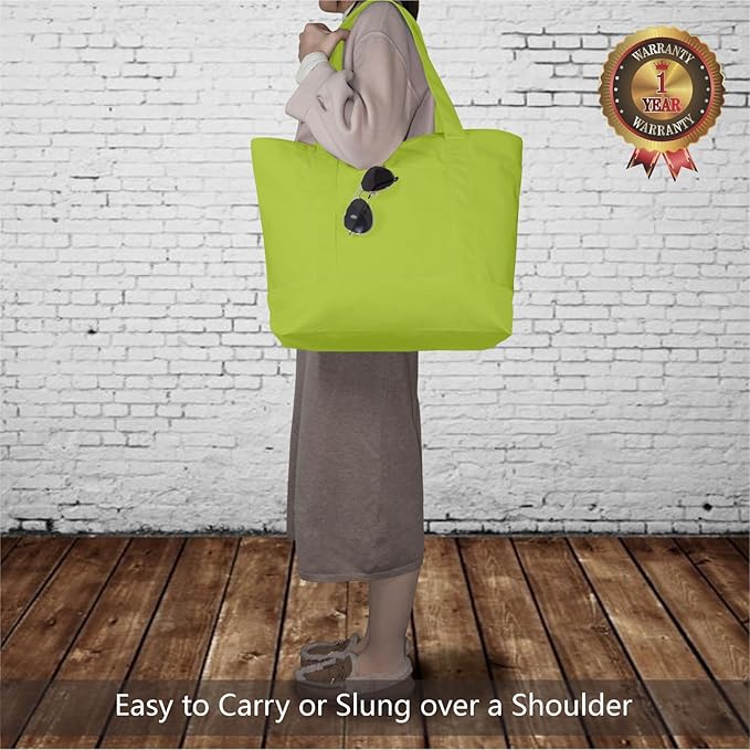 TOPDesign 3-Pack Canvas Tote Bags with an External Pocket, Reusable Grocery Shopping Bags, Top Zipper Closure, Daily Essentials (Light Green)
