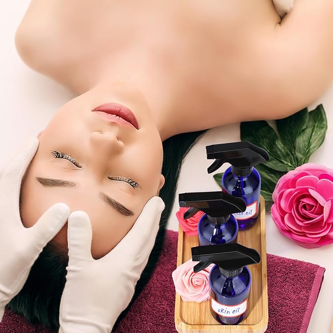 Fumete 2 Pack Glass Bottles 4oz Empty Refillable Liquid Containers with 1 Label 1 Funnel for Essential Oils Hair Travel Plants Cleaning Skin Care (Spray Bottle, Blue, Black Top)