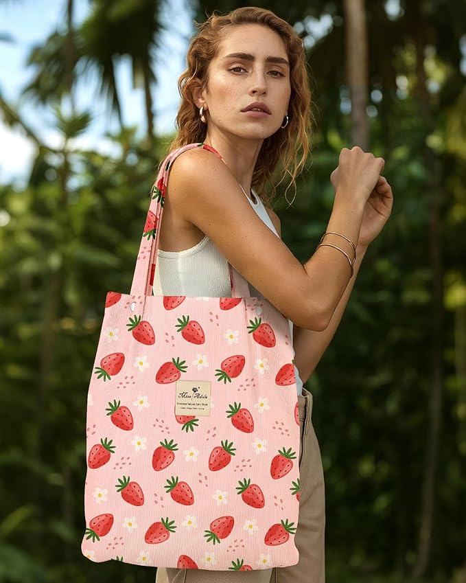 Miss Adola Corduroy Tote Bag for Women - Reusable Totes with Pocket & Buckle Cute Aesthetic Shoulder Bag for Work Travel