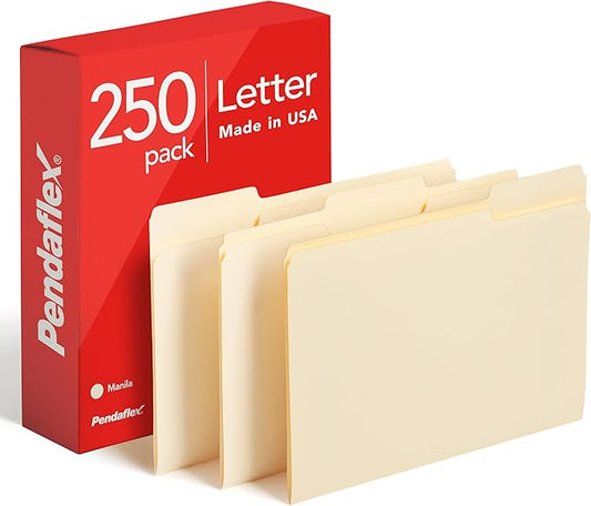Pendaflex File Folders, 250 Bulk Pack, Durable Manila Folders, Letter Size (8.5" x 11"), 3 Tabs for Easy Labeling, Everyday Filing Essential for Offices, Classrooms & Home Document Organization