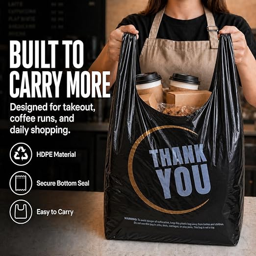 YoYoRain 855 Pack Black T-Shirt Bags with Handles, 11.5"x6.25"x21" Durable HDPE Plastic Shopping & Carry-Out Bags for Grocery, Retail, Takeout & Small Business