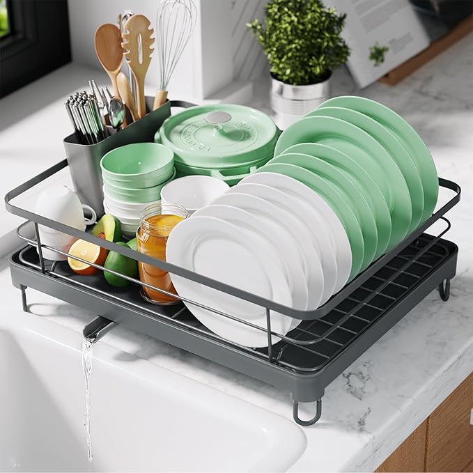 Kitsure Dish Drying Rack for Kitchen Counter, Stainless Steel Sink Organization and Storage Essentials with Cutlery Holder, Home and Appartment Decor, 12.7''W x 16.7''L, Grey