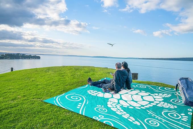 WEKAPO Beach Blanket Waterproof Sandproof Oversized Extra Large Sand Free Beach Mat with Stakes, Storage Bag - Essentials for Outdoor Beach, Picnic (Gradient Teal Sea Turtle, 11 X 9 FT (1~10 Person))