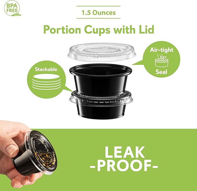 1.5 oz - 100 Sets Black Diposable Plastic Portion Cups With Lids, Small Mini Containers For Portion Controll, Jello Shots, Meal Prep, Sauce Cups, Slime, Condiments Disposable Souffle Cups
