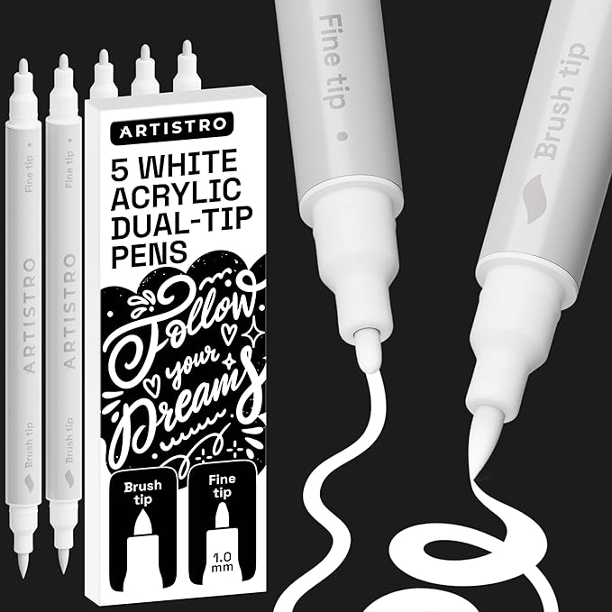 ARTISTRO 5 White Acrylic Paint Markers - Paint Pens for Drawing, Brush + Fine Tips - For Fabric, Rock, Glass, Wood, DIY - Art & Craft Supplies for Adults, Teens, Kids - Teacher Appreciation Gift