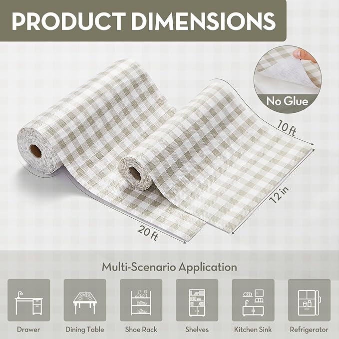 Drawer and Shelf Liner for Kitchen Cabinet Liner Non-Adhesive Non-Slip Shelf Thick Strong Grip Waterproof Contact Paper Easy to Clean for Shelves, Cupboard, Desks,Green Plaid,12IN X 10FT